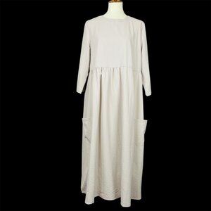Amish Mennonite Long Sleeve Midi Dress Sz L XL Beige Minimalist Modest Lagenlook